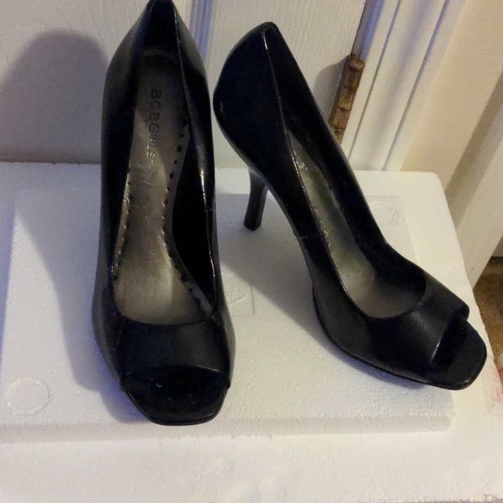 BCBGirls black leather square open-toe heels